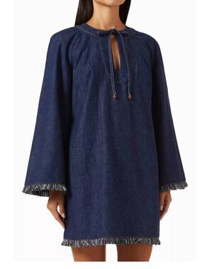 NEW ZIMMERMANN rhiannon fringe denim mini dress in blue size 3 (US 8/10)